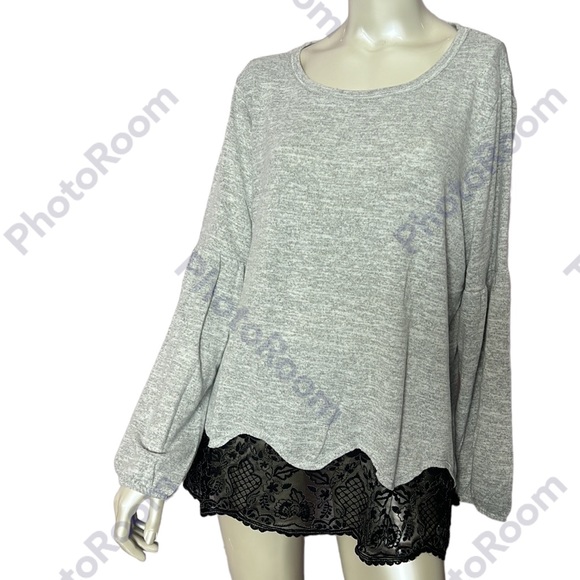 Maurice’s Gray Knit Long Sleeve Top Black Lace hem - Picture 11 of 11